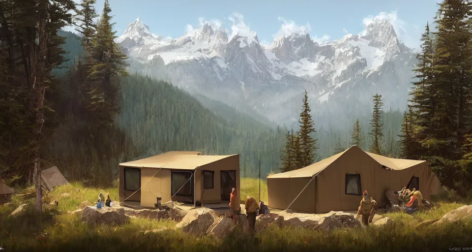 Image similar to cabela's beautiful comfortable self contained modular insulated wall container home kit - house all weather family dwelling tent house, person in foreground, mountainous forested wilderness open fields, beautiful views, painterly concept art, environmental concept art, concept art illustration, by james gurney, by craig mullins, by greg rutkowski trending on artstation