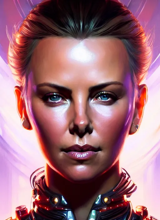 Image similar to portrait of apex legends charlize theron, intricate, elegant, glowing lights, highly detailed, digital painting, artstation, glamor pose, concept art, smooth, sharp focus, illustration, art by artgerm and greg rutkowski, artey freytag