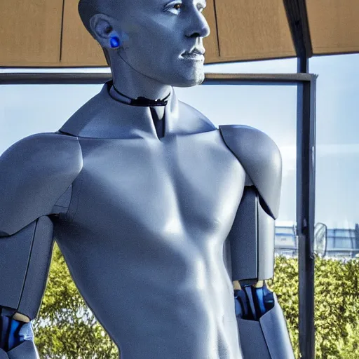 Image similar to a realistic detailed photo of a guy who is an attractive humanoid who is half robot and half humanoid, who is a male android, french presenter cyril gossbo, shiny skin, posing like a statue, blank stare, by the pool, on display, showing off his muscles, humanoid robot, frozen ice statue