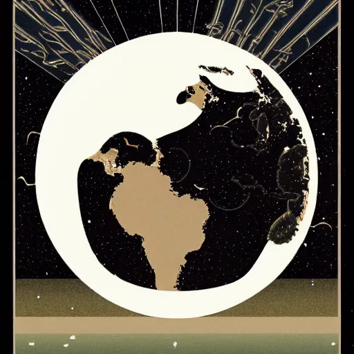 Image similar to the earth as a grain of sand in the vast void of the multiverse, flat design, screen print by kawase Hasui and Dan hillier, 8k, artstation