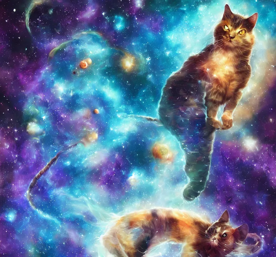 Image similar to space cat as nebula with planets, acrilic paint, heavenly atmosphere, ink paint, ultra detailed, by popular digital artist, beautiful image, resolution, artstation