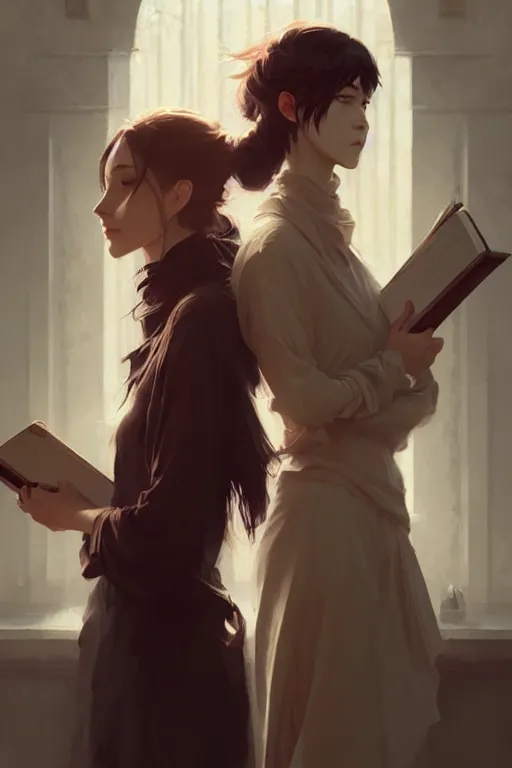 Image similar to portrait of two wise and very beautiful women discussing some texts, art by guweiz and greg rutkowski, intricate, elegant, highly detailed, smooth, sharp focus, artstation