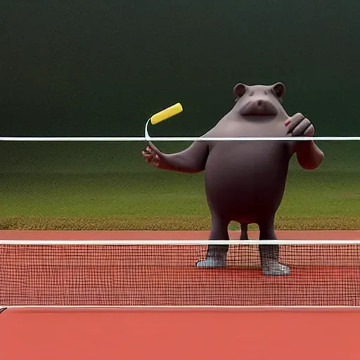 Image similar to anthromorphic hippos playing badminton in the style of a Pixar film