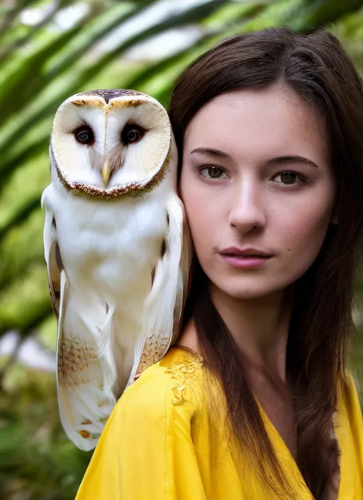 Prompt: portrait photograph of beautiful young female model, symmetric face, symmetric bright eyes, slight smile, natural light, wearing a yellow kimono with a very detailed barn owl on her shoulder!!! in a tropical greenhouse. Masterpiece!! looking at the camera!!. super resolution. Extremely detailed. .Medium format bokeh!!!.