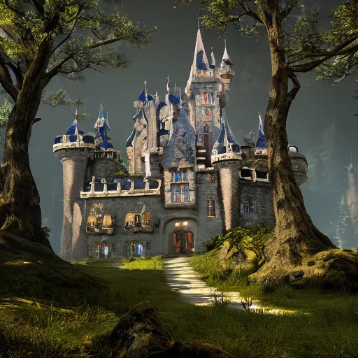 Prompt: a big castle, highly detailed, crystal lighting, mystical, forest, hyperrealistic, 4 k, unreal engine, highly detailed, dramatic lighting, magical, beautiful,