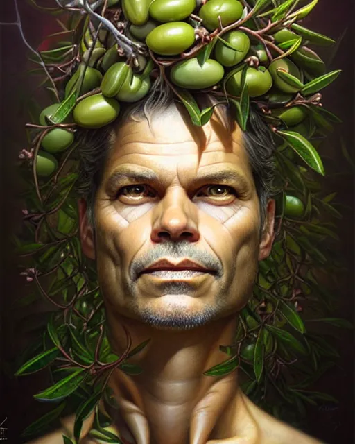 Image similar to detailed portrait of timothy olyphant olive!! olives!! tree! by tomasz alen kopera and peter mohrbacher and johanna martine! and margaret keane! coherent luminescent