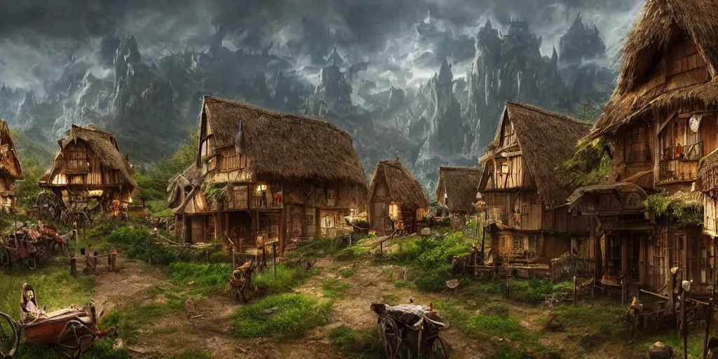 Prompt: beautiful matte painting of a fantasy village by weta workshop 4 k, cinematic dramatic atmosphere, dramatic lighting