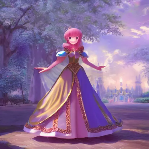 Image similar to a pleasant, beautiful, funny, smooth 3D CG render, semirealistic anime style, a noble priestess magician princess girl wearing dress and jewelry, in a glorious magic kingdom, relaxing calm vibes, fairytale