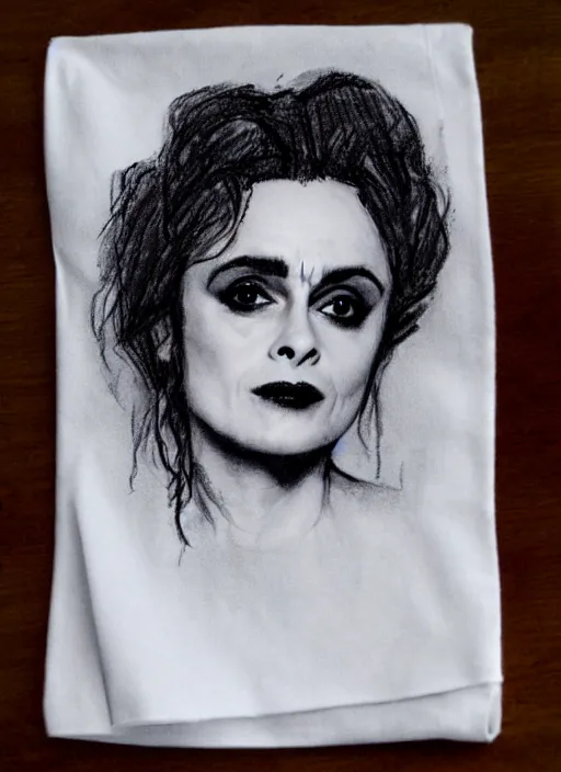 Image similar to sketch portrait of helena bonham carter in tim burten style on napkin