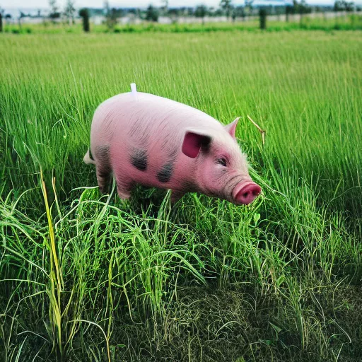 Prompt: a pig covered in grassy weeds