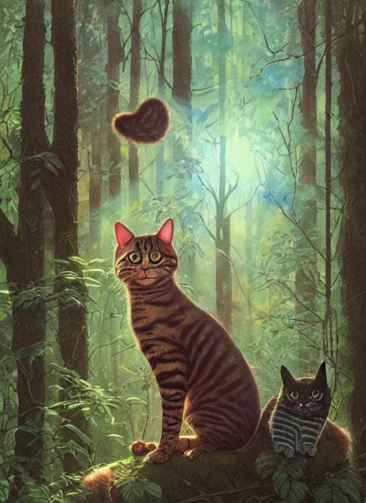 Image similar to a hyper realistic illustrated cat with happy lighting playing in the woods gorgeous lighting, sunbeams blue sky, lush forest foliage painting by chiara bautista and beksinski and norman rockwell and greg rutkowski weta studio, and lucasfilm