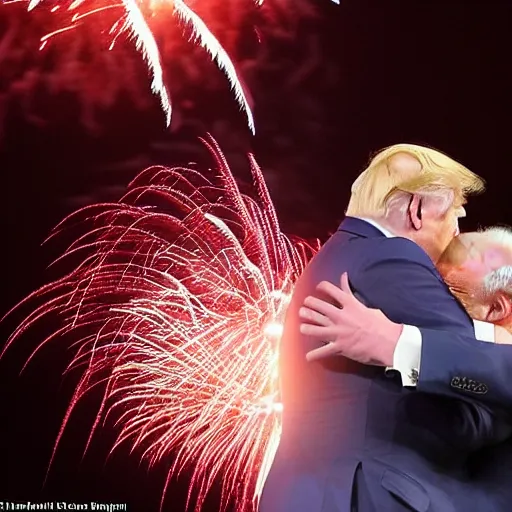 Prompt: donald trump passionately embraces boris johnson, fireworks are going off in the background, extremely loving, vivid colors