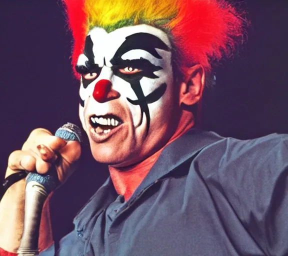 Image similar to color still shot of arnold schwarzenegger lead singer performing in music group insane clown posse, face closeup