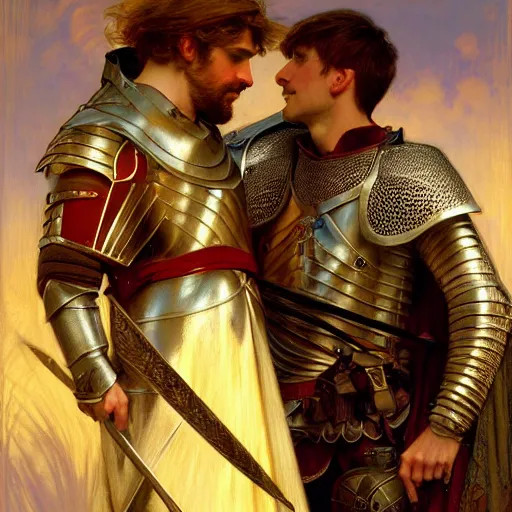 Image similar to attractive arthur pendragon and his attractive male knight, they are in love, natural lighting, path traced, highly detailed, high quality, digital painting, by gaston bussiere, craig mullins, alphonse mucha j. c. leyendecker