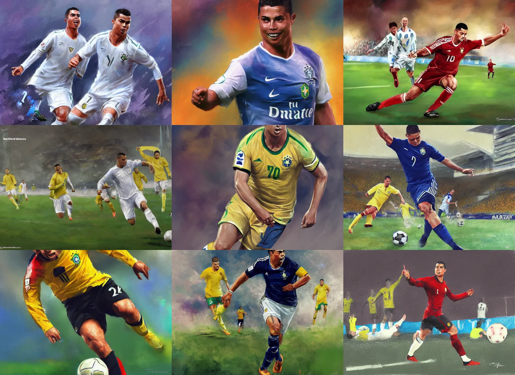 Prompt: ronaldo luis nazario de lima scoring goal by daniel gerhartz, brazil, soccer, trending on artstation