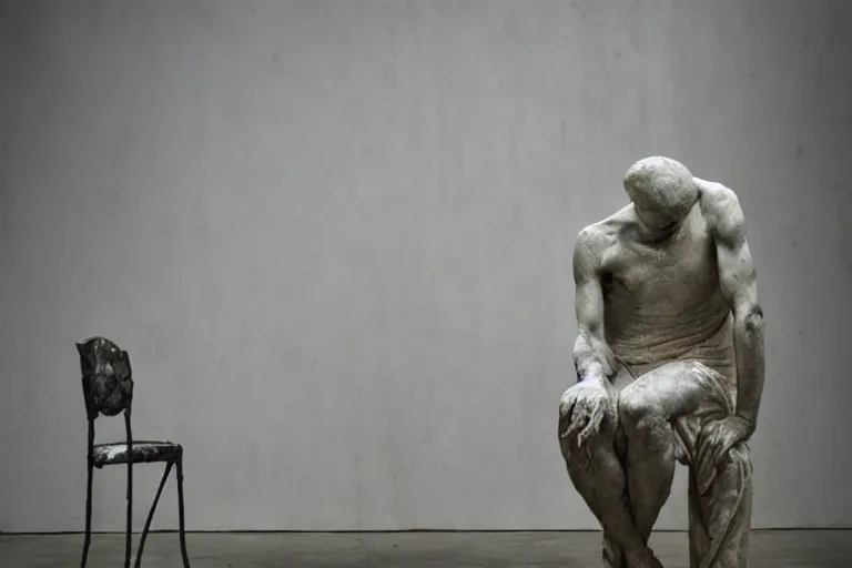 Image similar to a sculpture of a person sitting on top of a chair, a marble sculpture by nicola samori, behance, neo - expressionism, marble sculpture, apocalypse art, made of mist