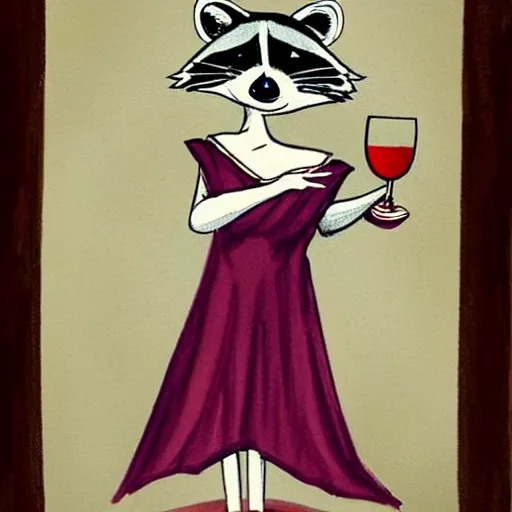 Image similar to a racoon wearing an elegant night gown holding a cup of wine