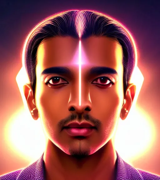 Image similar to symmetry!! indian prince of technology, solid cube of light, hard edges, product render retro - futuristic poster scifi, lasers and neon circuits, brown skin handsome indian prince, intricate, elegant, highly detailed, digital painting, artstation, concept art, smooth, sharp focus, illustration, dreamlike, art by artgerm