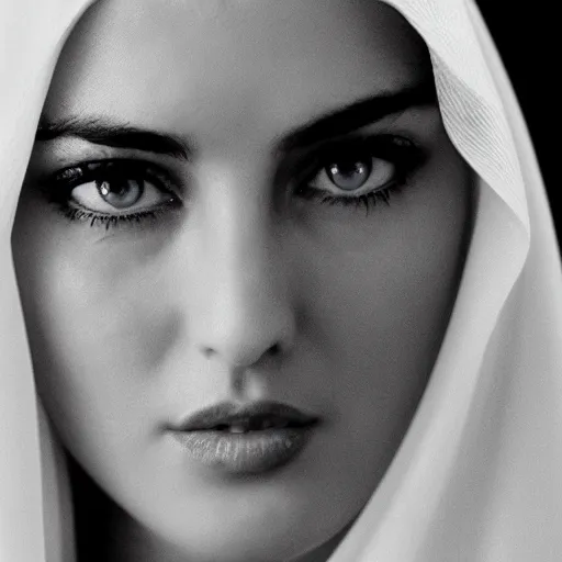 Prompt: young arab Monica Bellucci, blue eyes, white veil, DSLR, closeup, focus