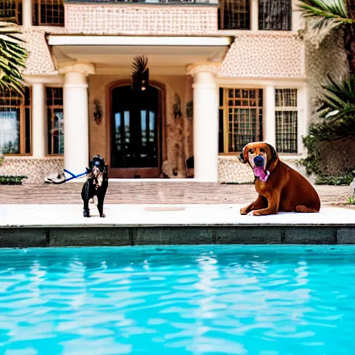 Image similar to a very detailed photo of a dog ( smoking a cigar ) outside the mansion by the pool