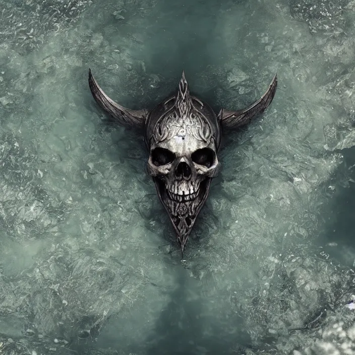 Prompt: half viking half skull rising through water surface seen from above, dark fantasy art, 4k ultra hd, trending on artstation