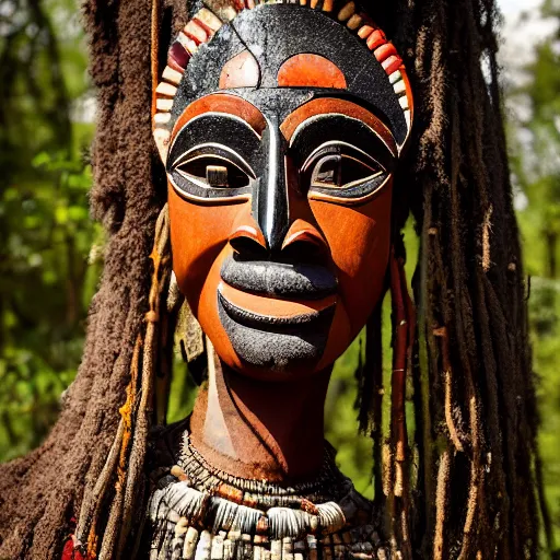 Image similar to dogon woman wearing traditional dogon tribal mask standing in a clearing in the deep forest, rays of the sun, caustics, realistic, photography, photojournalism, national geographic photoshoot, inner glow, shimmer, sparkle, smoke, dust