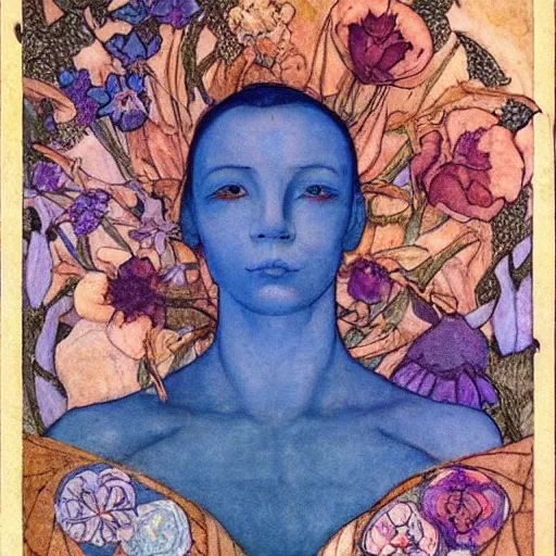 Image similar to the flower prince, by Annie Swynnerton!!!! and Nicholas Roerich! and (Edmund Dulac) and ((((Diego Rivera)))), bioluminescent skin, floral tattoos, elaborate costume, geometric ornament, symbolist, rich colors, dramatic lighting, smooth, sharp focus, extremely detailed