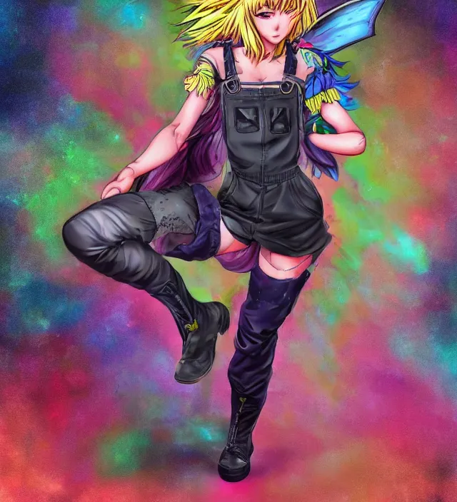 Image similar to full body pose, hd, manga anime portrait of a fairy girl in combat boots and overalls, rainbow hair, in ishikawa ken frank miller jim lee alex ross style detailed trending award winning on flickr artstation,