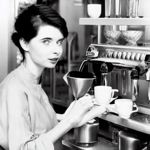 Prompt: young isabella rossellini working as a barista