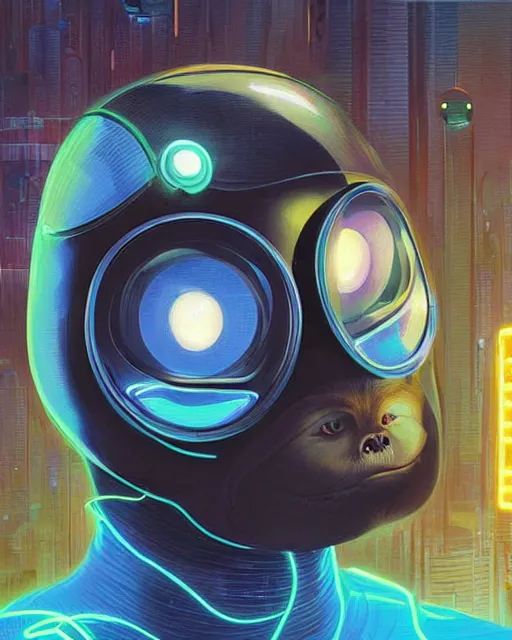 Image similar to silly sloth as future coder man looking on, sleek cyclops display over eyes and sleek bright headphoneset, neon accent lights, holographic colors, desaturated headshot portrait digital painting by dean cornwall, rhads, john berkey, tom whalen, alex grey, alphonse mucha, donoto giancola, astronaut cyberpunk electric