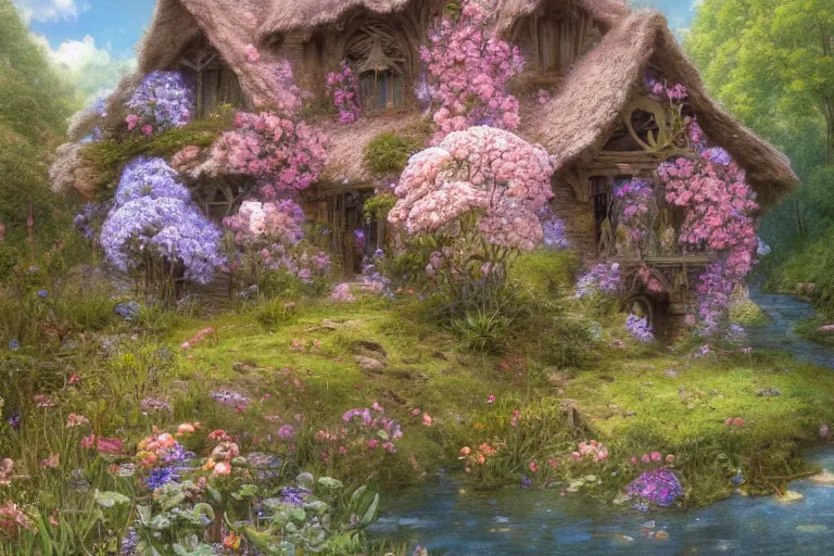 Image similar to wide angle view, a beautiful digital painting of a fairy rock house in a river, flowers, beautiful tranquil day, vivid colors, by greg rutkowski, brian froud, peter mohry, jean - baptiste monge, and alphonse mucha, symmetry, complementary colors, ink illustration, trending on artstation