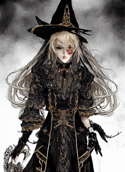 Image similar to beautiful human witch with blonde short curtly hair in intricate ornate witch robe, haughty evil look, witch hat. in style of yoji shinkawa and hyung - tae kim, trending on artstation, dark fantasy, great composition, concept art, highly detailed, dynamic pose.