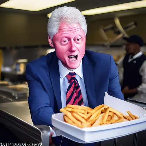 Prompt: first picture of bill clinton cameo as a mcdonald's worker in new movie, ( eos 5 ds r, iso 1 0 0, f / 8, 1 / 1 2 5, 8 4 mm, postprocessed, crisp face, facial features )