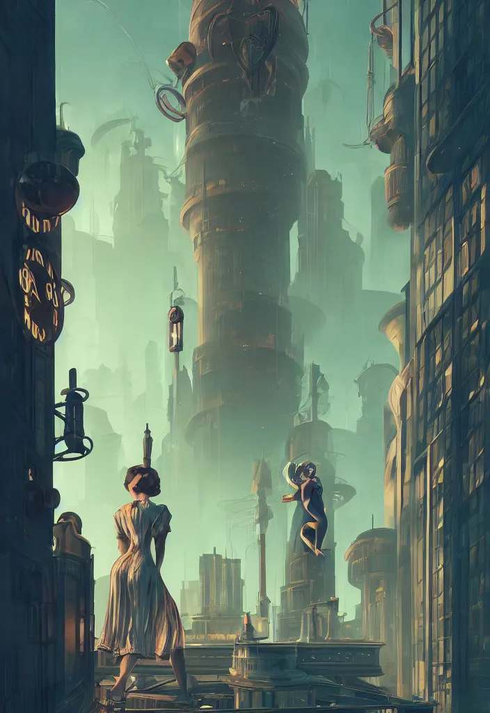 Image similar to a concept art painting of art deco bioshock style city with a woman with back to camera looking out of a window by tuomas korpi, pablo carpio, gilles beloeil, cedric peyravernay, 1 9 6 0's, trending on artstation, highly detailed, atmospheric, directional lighting, cinematic