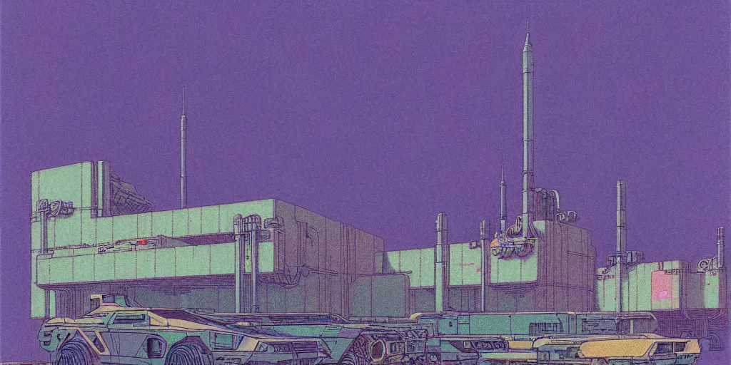 Image similar to grainy risograph matte painting of gigantic huge mech covered with rocket launchers, gattaca, pastel matte colors, staying in the foggy huge parking station, by moebius, hyperrealism, intricate detailed