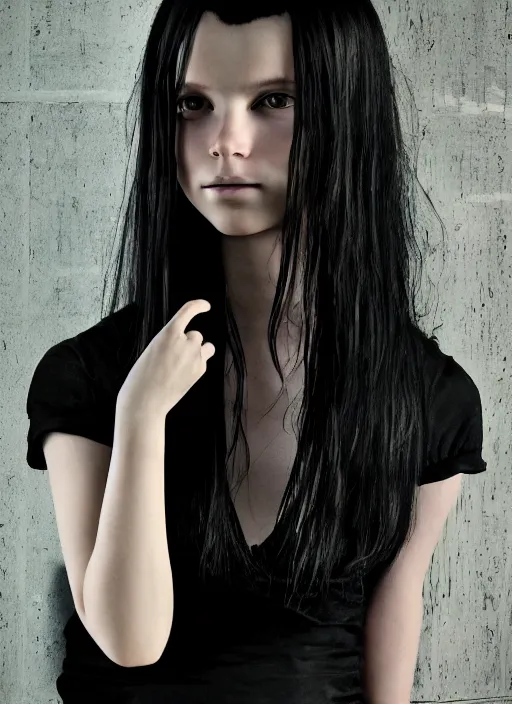 Image similar to a 1 4 year old girl eveline from resident evil 7 with straight long black hair wearing black dress that sitting on bathroom floor, model エリサヘス s from acquamodels, render in re engine