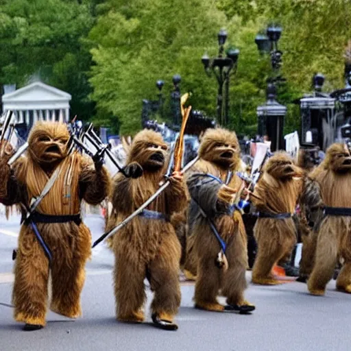 Image similar to a still of hundreds of ewoks rioting in front of a the white house in washington.!!!, flaming torches and pitchforks