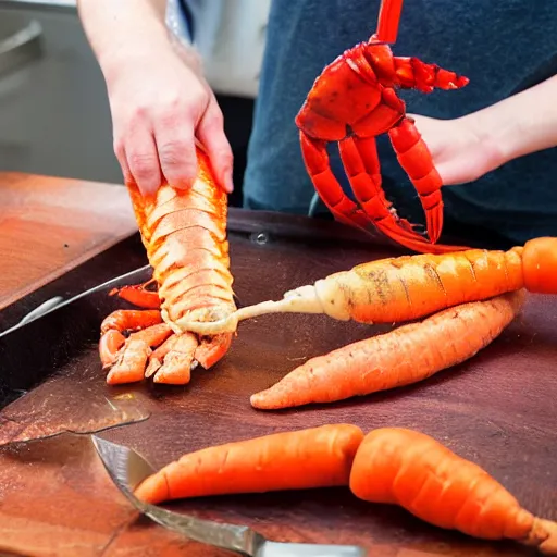 Image similar to human sized humanoid lobster sharpening a carrot