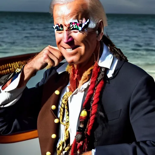 Image similar to Joe Biden dressed up as a scurvy and mean spirited pirate with raggy pirate captain clothes.