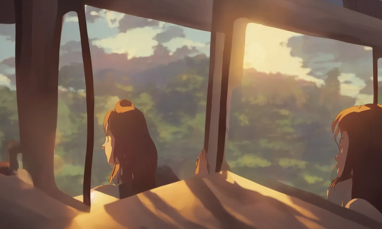 Image similar to Girl sitting in a window seat in a bus at sunset, cinematic lighting, style by Makoto Shinkai