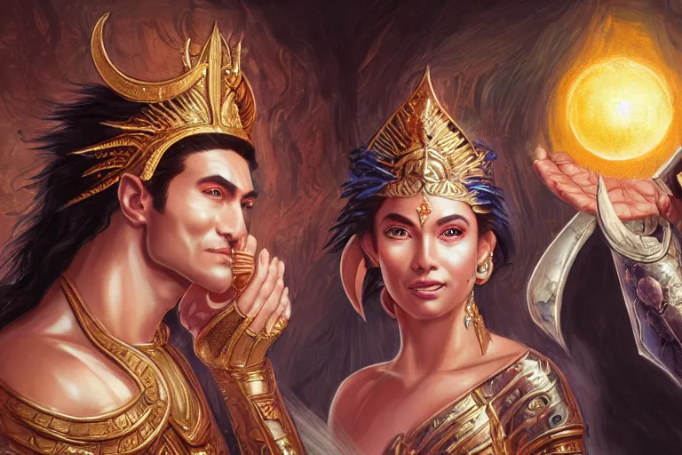 Image similar to close up moment of a divine a sun god and a moon goddess lovers magician at a wedding banquet, highly detailed, d & d, fantasy, highly detailed, digital painting, trending on artstation, concept art, sharp focus, illustration, art by artgerm and greg rutkowski and magali villeneuve