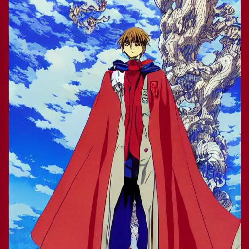 Prompt: an anime image illustrated by katsuya terada. it's of a young man with a royal blue cape. his head is cocked to one side, as if listening to some music. he stands by a red rose bud,