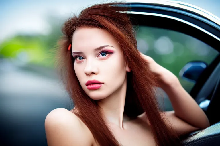 Image similar to mid shot portrait of a stunningly pretty young woman, sitting in her car, stuck in a traffic jam, tears, frustration, in the style of David Bailey , realistic, sharp focus, 8k high definition, medium format film photography, photo realistic, insanely detailed, intricate, elegant, art by les edwards and David kostic and stanley lau and artgerm