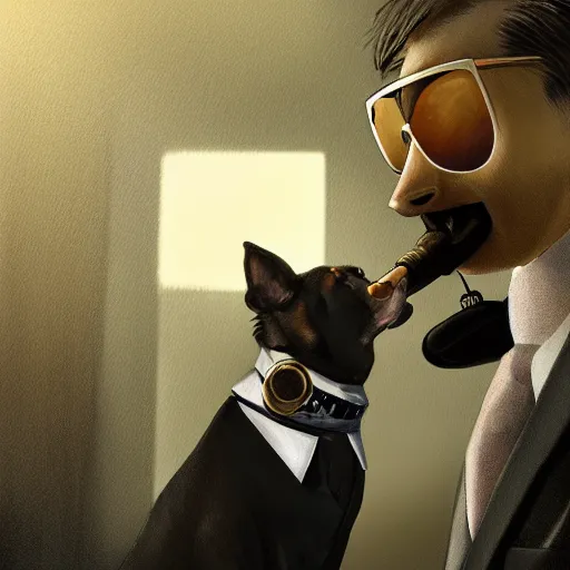 Image similar to a dog wearing a business suit smoking a cigar, dramatic lighting, cinematic, establishing shot, extremly high detail, photorealistic, cinematic lighting, concept art, artstation, style by greg rutkowsky