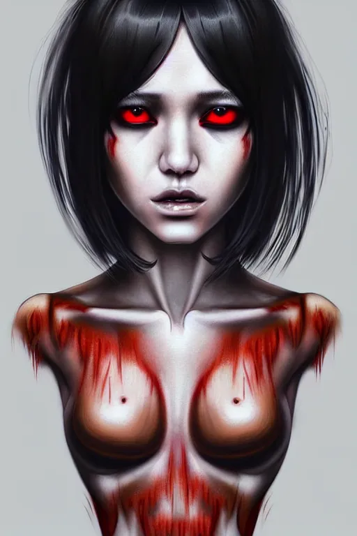 Prompt: gorgeous!! hyper - realistic demon girl with tan skin, short black hair, long bangs, red eyes, tattoos, cybernetic implants | wearing modern streetwear, techwear | intricate, digital painting, illustration, photorealistic, grunge, ultra graphics | drawn by wlop, drawn by jeehyung lee, drawn by argerm