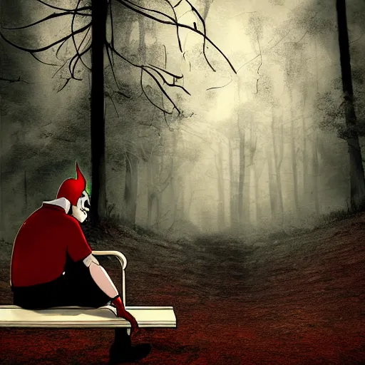 Prompt: pennywise sitting on a bench in the middle of a dark forest, sinister photo, illustration, digital art, well detailed