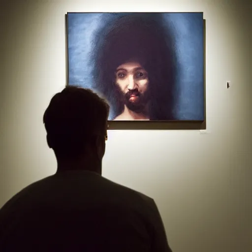 Image similar to A man staring at a painting of himself staring back. Modern art gallery. Wide angle. Photorealistic. Dramatic lighting. Award winning photography. 35mm photograph.