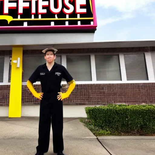 Image similar to wafflehouse employee's standing below wafflehouse sign, employees uniform is black and blue with yellow name tags