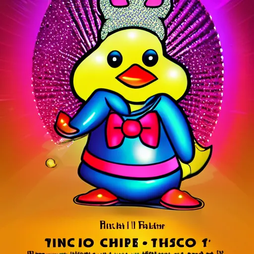 Prompt: the disco duck returns concert poster featuring the disco duck in his sparkling disco clothes.