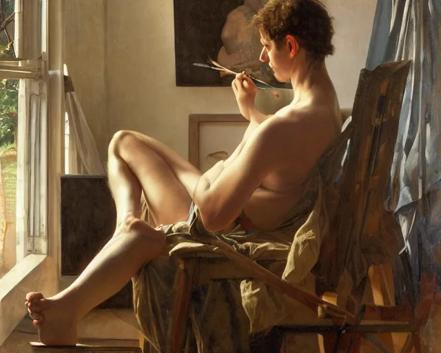 Image similar to an exhausted painter in his studio painting a picture of a beautiful girl - key lighting, soft lights, by steve hanks, by edgar maxence, by caravaggio, by michael whelan, by delacroix, by serov valentin, by tarkovsky, 8 k render, detailed, oil on canvas